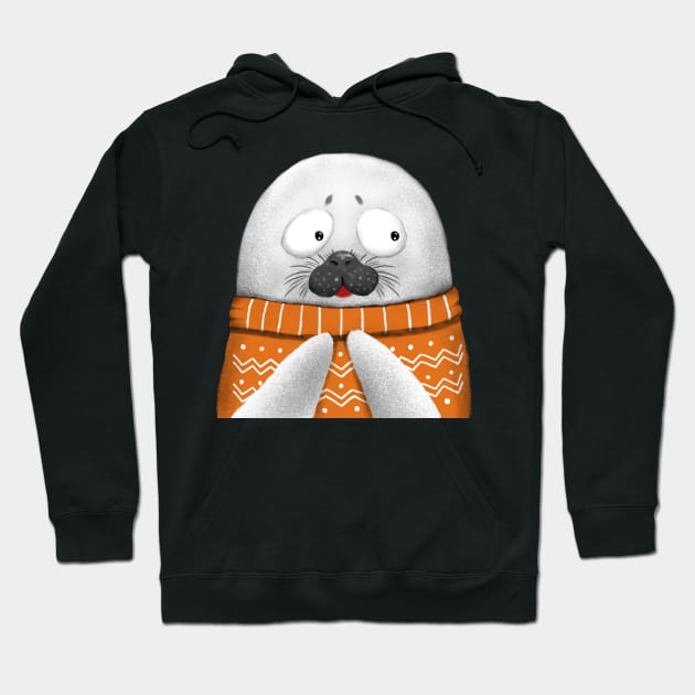 Cute Seal Wearing Orange Sweater Hoodie by Luna Illustration